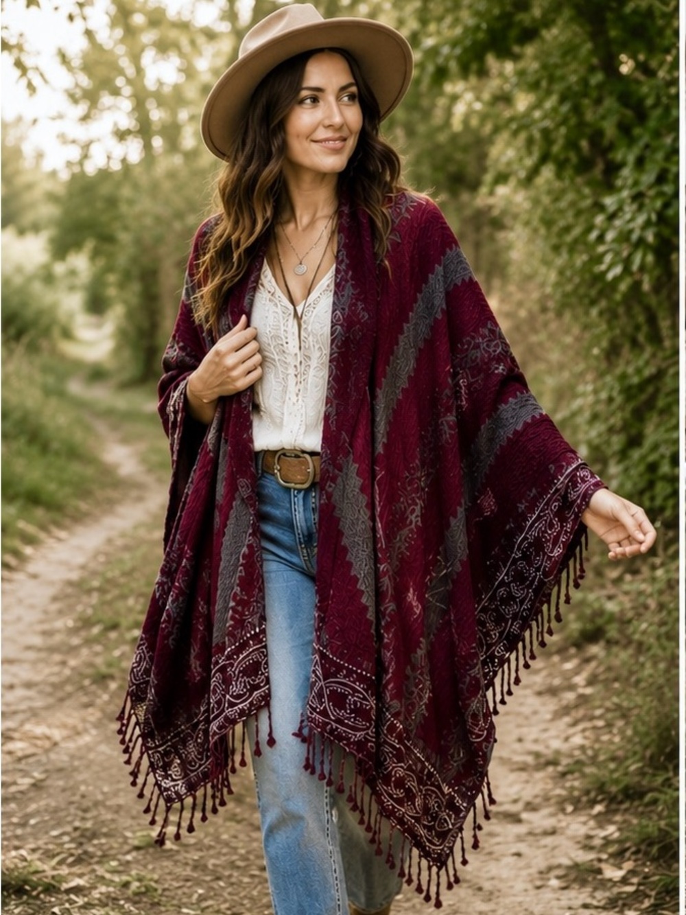 Diadem Wool Cotton Bohemian Burgundy Fringe Wrap Shawl Scarf Kimono Poncho